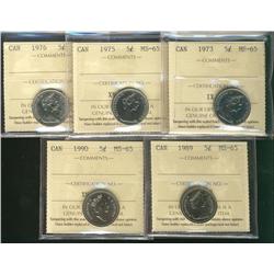 1973, 1975 & 1976, 1989 & 1990 5¢ ICCS MS65.  Lot of 5 coins