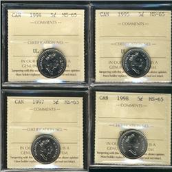1994, 1995, 1997 & 1998 5¢ MS65.  Lot of 4 coins.