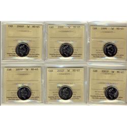 1999, 2000, 2000P, 2001P, 2002P & 2003P 5¢ MS65.  Lot of 6 coins.