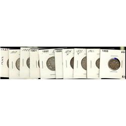 1888, 1901 10¢ & 1872«h, 1874H, 1888, 1892, 1901, 1905, 1915 & 1927 25¢.  Lot of 10 coins Good to Go