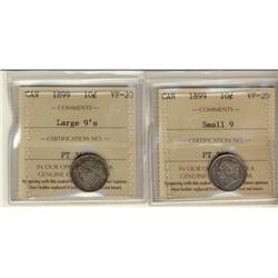1899 Lg & Sml 9's 10¢ ICCS VF20.  Lot of 2 coins