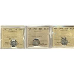 1900 VF20, 1901 & 1914 10¢ VF30.  Lot of 3 ICCS graded coins.