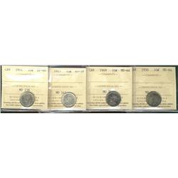 1911 EF40, 1917 AU50, 1949 & 1950 MS64 10¢.  Lot of 4 ICCS graded coins.