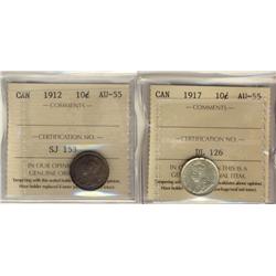 1912 & 1917 10¢ ICCS AU55.  Lot of 2 coins.