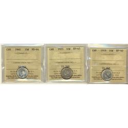 1918 EF40, 1935 EF45 & 1940 MS64 10¢.  Lot of 3 ICCS graded dimes all white in colour.