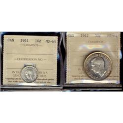 1941 10¢ MS64 & 1942 50¢ MS62.  Lot of 2 coins both ICCS graded.