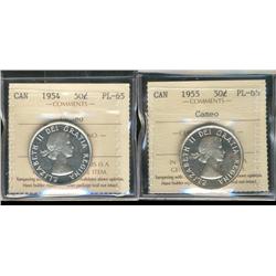 1954 & 1955 50¢ ICCS PL65 Cameo.  Lot of 2 coins.