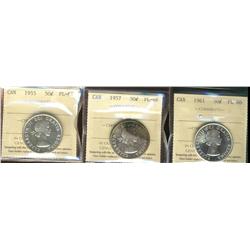 1955 PL64, 1957 & 1961 50¢ PL66.  Lot of 3 ICCS graded coins with 1961 designated Cameo.