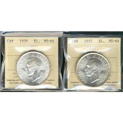 1937 & 1939 $1 ICCS MS64.  Lot of 2 coins both white and lustrous.