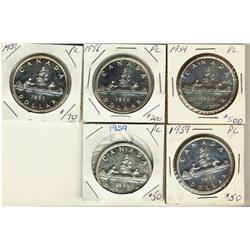 1954, 1956, 1957 & 1959(2) $1.  Lot of 5 Proof like silver dollars.  All white.