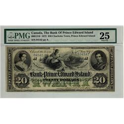 The Bank of Price Edward Island, 1872 $20 #04142, CH-600-12-16R, PMG VF25. Only one example finer.