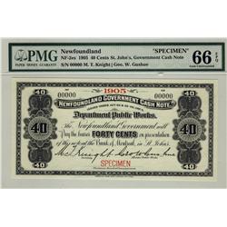 Newfoundland Gov't Cash Note, 1905 40¢, NF-2es Specimen, PMG Gem UNC66EPQ.