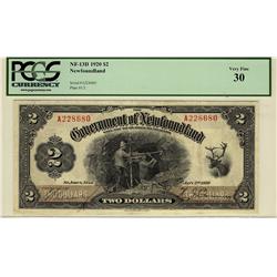 Newfoundland 1920 $2 NF-13d Nfld Gov note #A228680, PCGS VF30