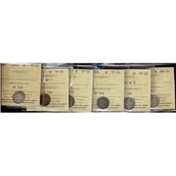 1890H, 1891 Obv 5, 1893, 1896, 1897 Slender 8, 1898, 5¢ all ICCS VF20,   Lot of 6 coins,