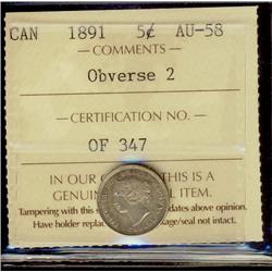 1891 Obv. 2 5¢ ICCS AU58, nice with attractive toning.