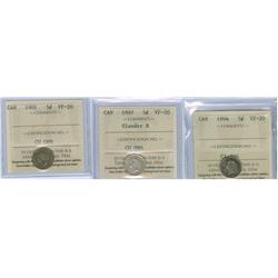 1894, 1897 Slender 8 and 1901 5¢.  Lot of 3 ICCS graded coins, all VF20.