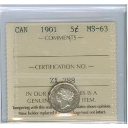 1901 5¢ ICCS MS63 PQ+ Delicate tone over full luster.  Excellent strike with clean fields and nice s