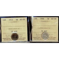 1906 5¢ ICCS AU58, 1912 5¢ ICCS AU50,  Lot of 2 coins,