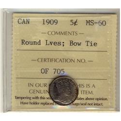 1909 5¢ Rd Lvs ICCS MS60  Lightly toned.