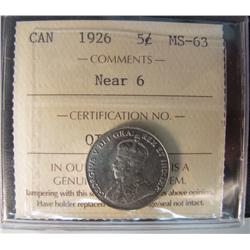 1926 5¢ Near 6 ICCS MS63.  Brilliant with full luster.  Excellent strike with clean fields and nice 