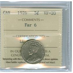 1926 Far 6 5¢ ICCS VF20, problem free.