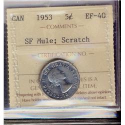 1953 5¢ SF Mule ICCS EF40.  Typical look with scratch.