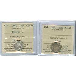 1871 and 1898 Obv.6   Lot of 2 ICCS graded 10¢ coins, both VF20.