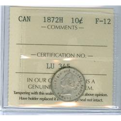 1872H 10¢ ICCS F12.  A nice key date coin with problem free