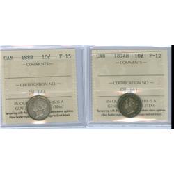 1874H F12 and 1888 F15.  Lot of 2 ICCS graded 10¢ coins.