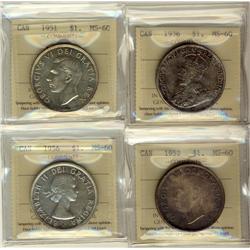1936, 1951 Arnprior, 1952NWL , 1956, $1 all ICCS MS60,  Lot of 4 coins,