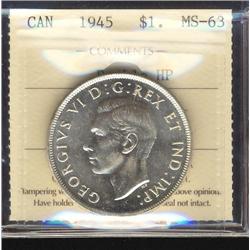 1945 $1 Double HP ICCS MS63,  Fully Brillant