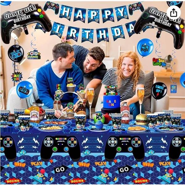 Gaming-Themed Party Supplies Set Including Decorations and Tableware May Vary From Stock Photo