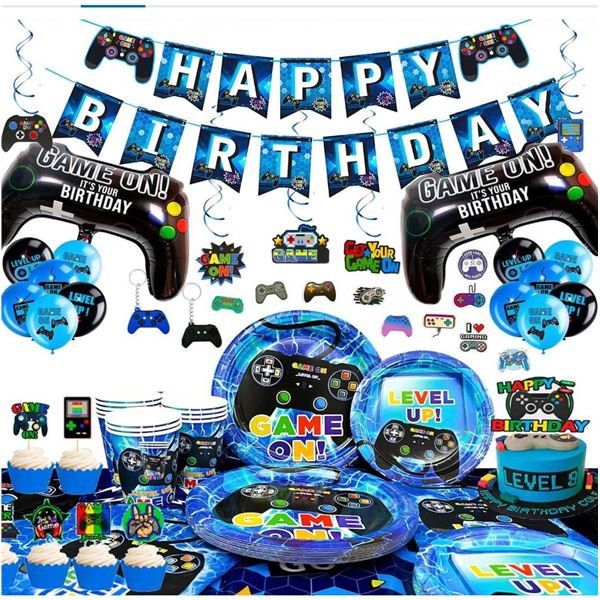 Gaming-Themed Party Supplies Set Including Decorations and Tableware May Vary From Stock Photo
