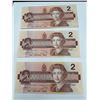 Image 1 : Three Canada $2 Bills 1986 Series Featuring Queen Elizabeth II and Robin Design