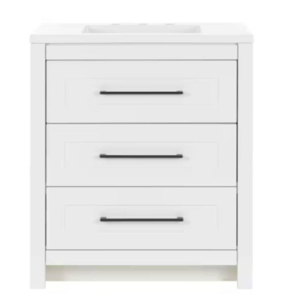 White Bathroom Vanity with Integrated Sink and Three Drawers 30 inch