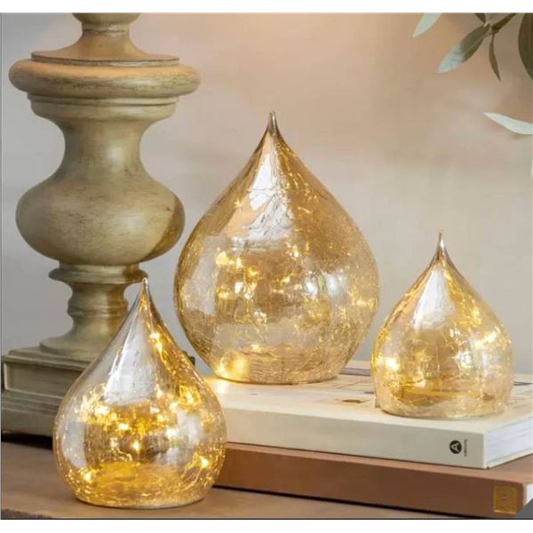 Evergreen LED Glass Raindrops With Gold Crackle Finish (Set of 3)