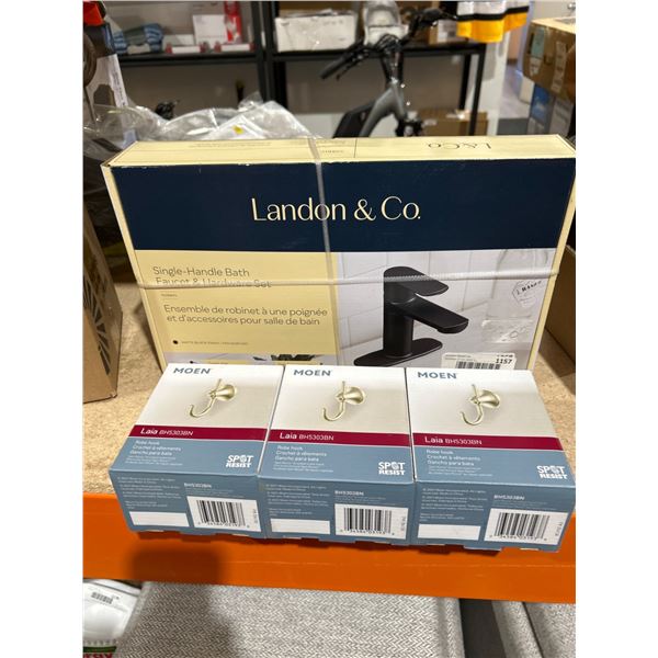 Landon & Co. Single-Handle Bath Faucet and 3 MOEN Laia Brushed Nickel Towel Hook