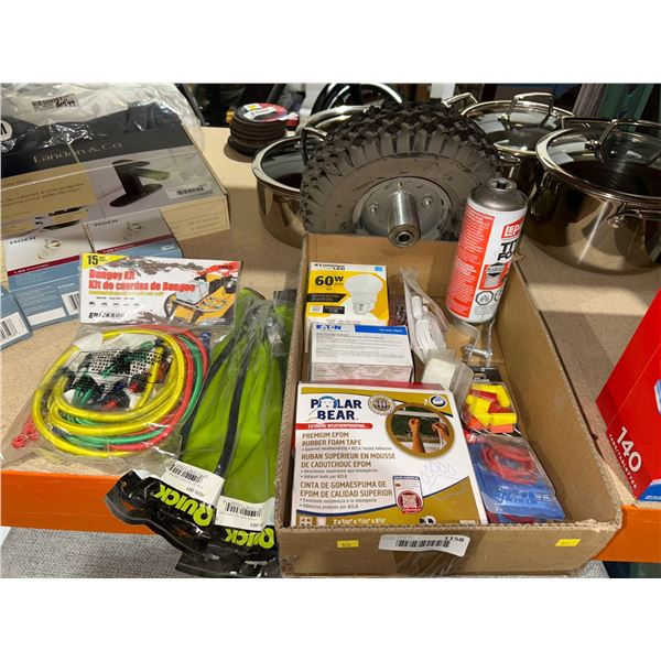 Lot of Hardware and Tools Including Foam Tape, Bungees, and Tire