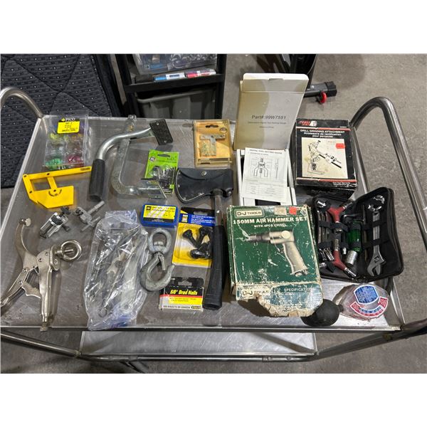 Lot of Assorted Tools and Hardware Including Air Hammer Set and Accessories