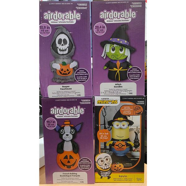 Lot of 4 Assorted Airblown Halloween Inflatable Decorations Including Skeleton, Witch, Cat, and Mini