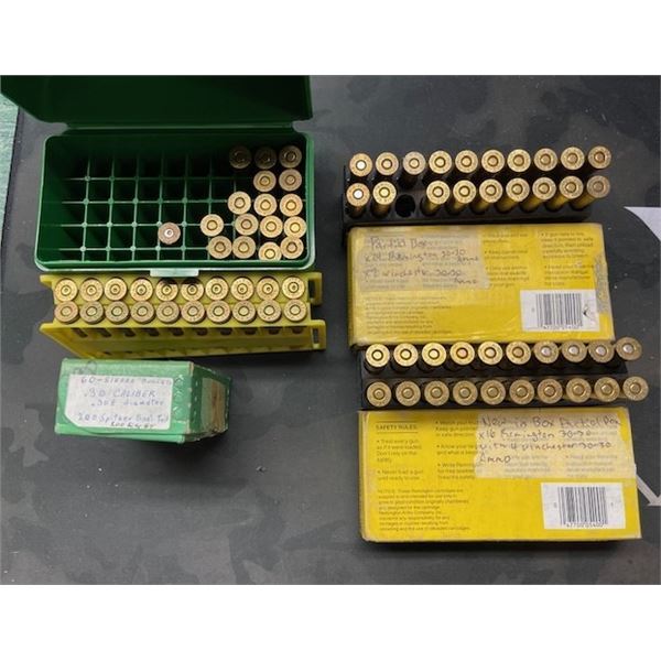 ASSORTED BRAND 30-30 RELOAD AMMO AND BRASS, 60pcs SIERRA 30 CAL BULLETS