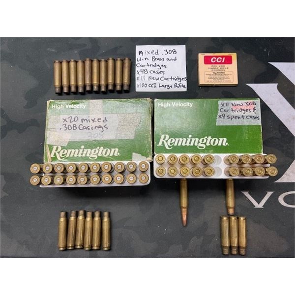 MIXED 308 WIN BRASS AND CARTRIDGES, CCI LARGE RIFLE PRIMERS