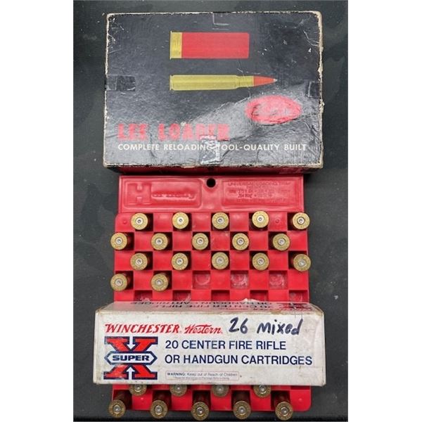 LEE 44 REM MAG LOADER, 26 ASSORTED BRASS, HORNADY UNIVERSAL LOADING TRAY