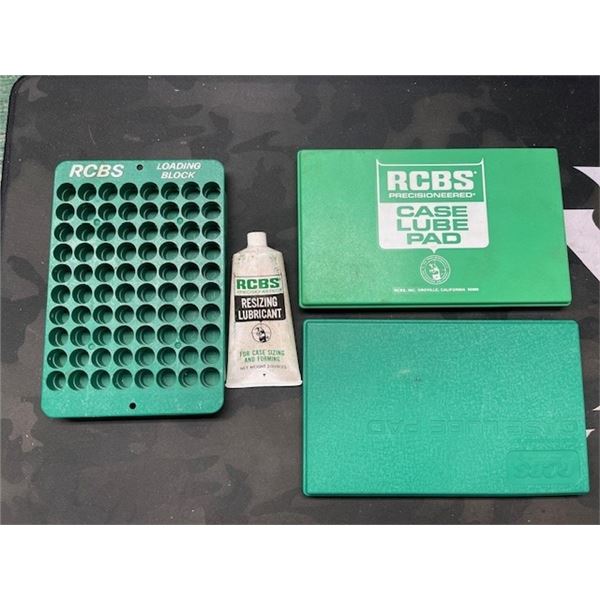 2 - RCBS CASE LUBE PADS, RCBS CASE LOADING BLOCK AND USED TUBE OF RESIZING LUBRICANT