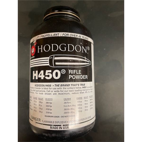 1 BOTTLE - HODGDON H-450 SMOKELESS POWDER - CANNOT BE SHIPPED - MUST BE PICKED UP AT OUR SH