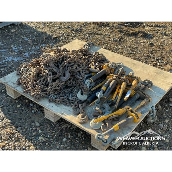 PALLET OF CHAINS AND CHAIN BOOMERS