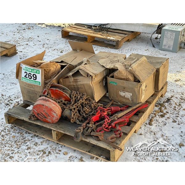 MISC SHOP TOOLS W/TIE DOWNS & CHAINS