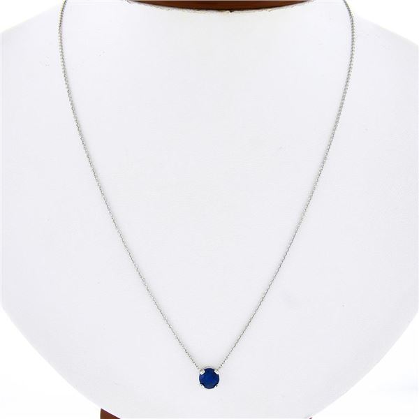 14k White Gold 0.78 ctw Round Prong Sapphire Solitaire Pendant Chain Necklace