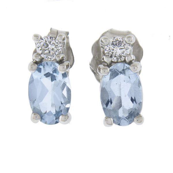 New 10K White Gold 0.90 ctw Prong Set Oval Aquamarine & Diamonds Stud Earrings