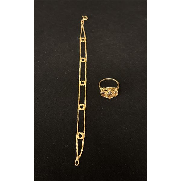APPROX 10K LADIES RING SET WITH SMOKY QUARTZ & APPROX 14K 7" BRACELET (6.6G TOTAL)